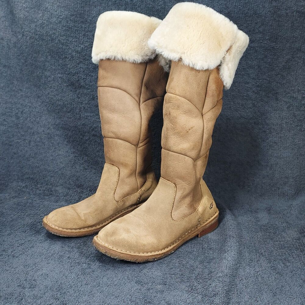 UGG Samantha Womens Tall Boots 8 Chestnut Suede Shearling Over the Knee 1008706